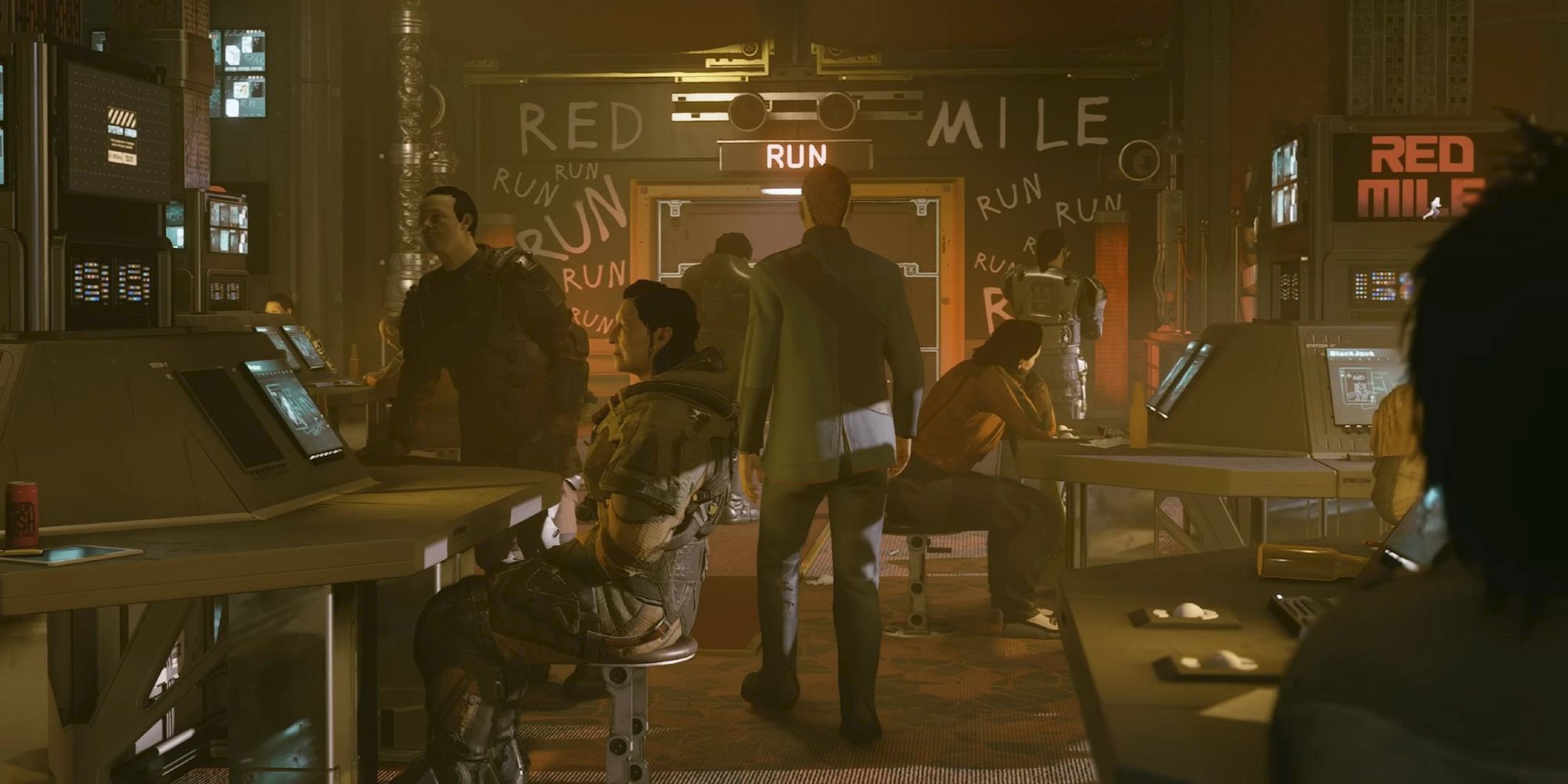Several people milling about or sitting at computer terminals in Starfield's Red Mile.