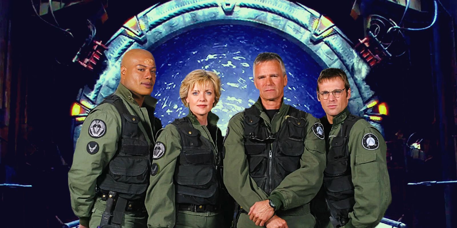 The main cast of Stargate SG-1 stand in front of the unstable vortex.