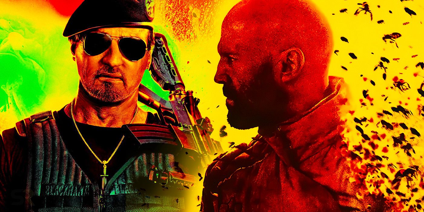 Sylvester Stallone as Barney from The Expendables 4 with Jason Statham in The Beekeeper poster collage