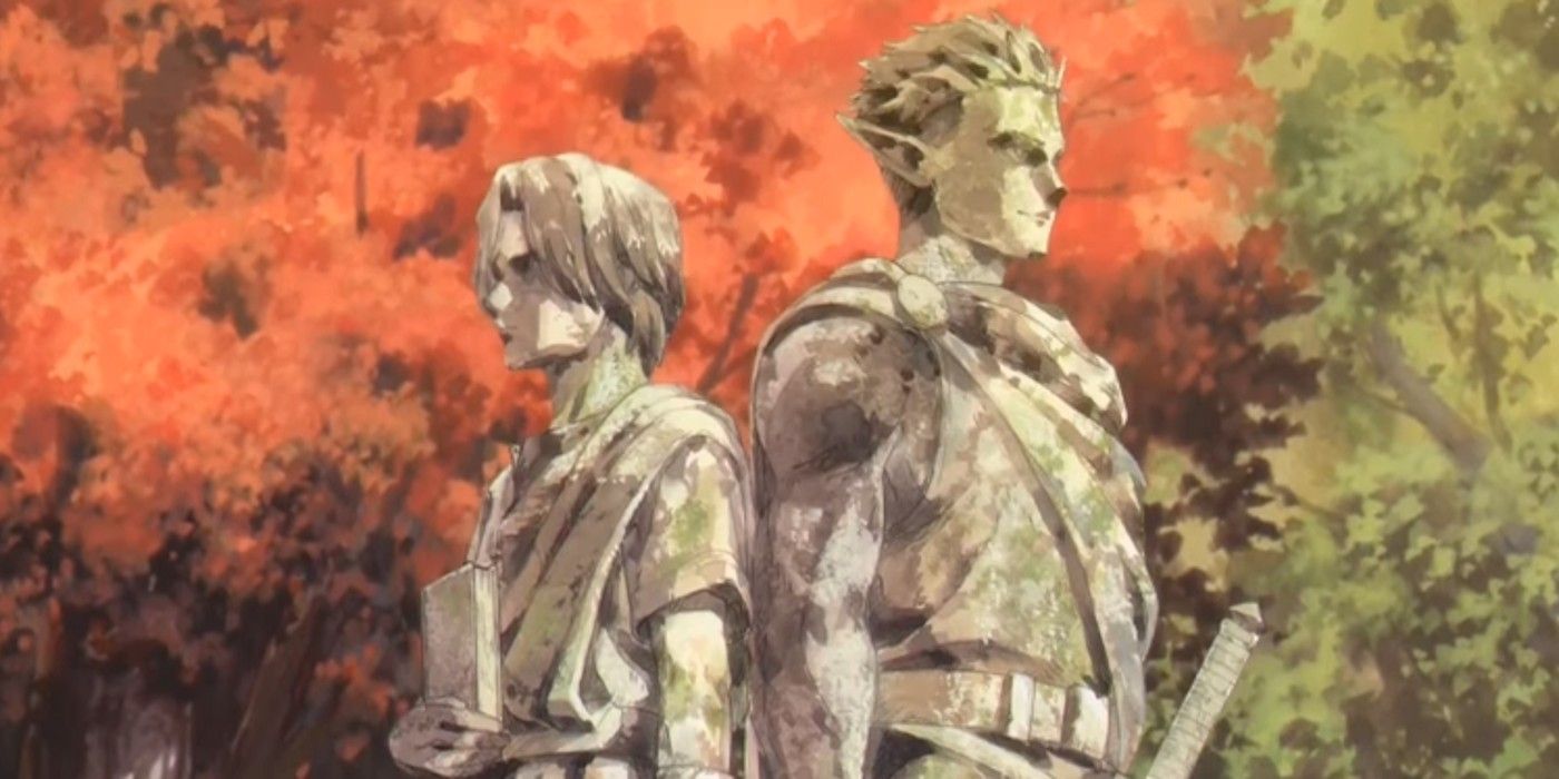 Statues of Kraft and his friend in Frieren