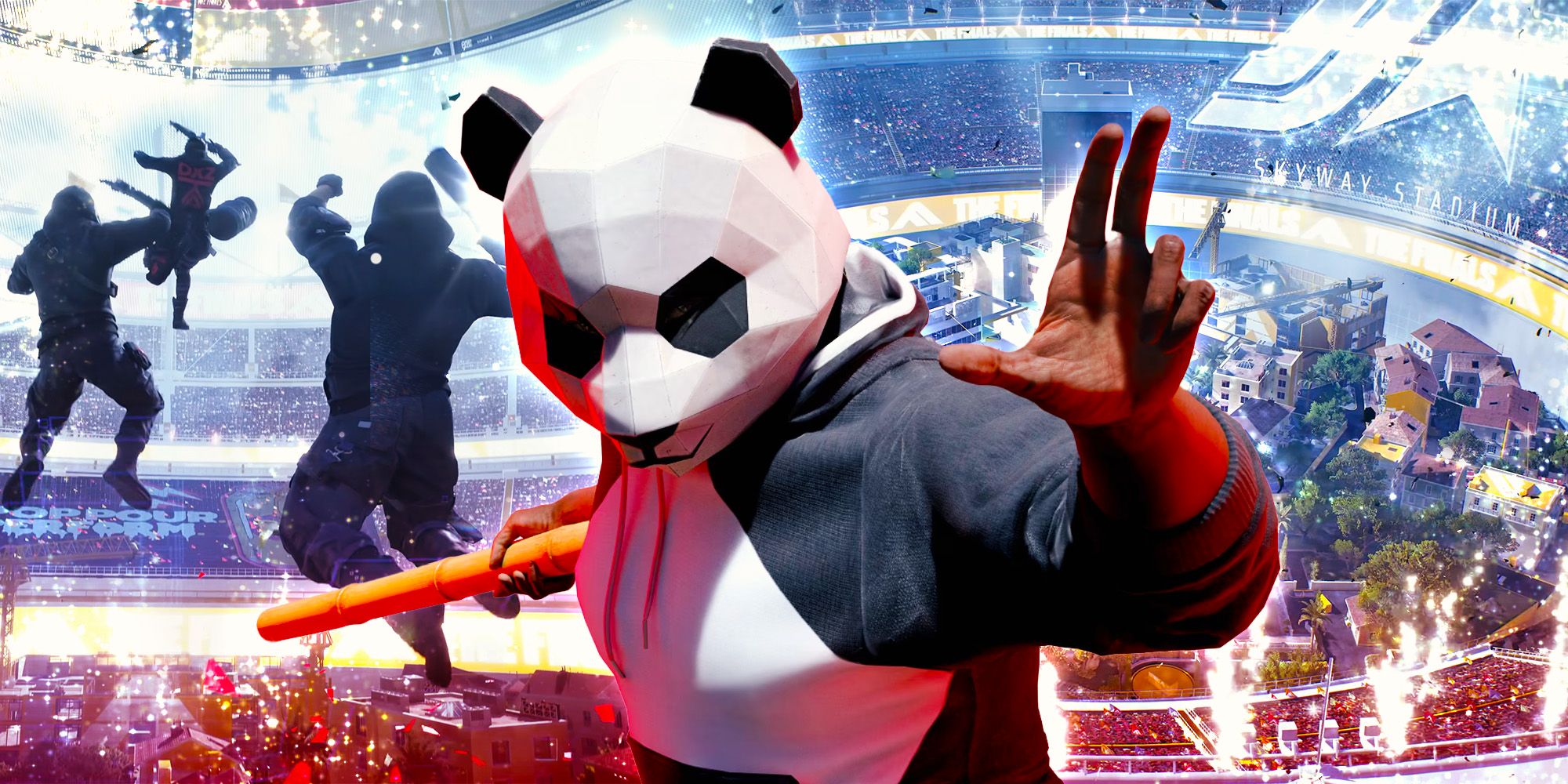 A person dressed in a panda bear costume with people fighting in the background. 