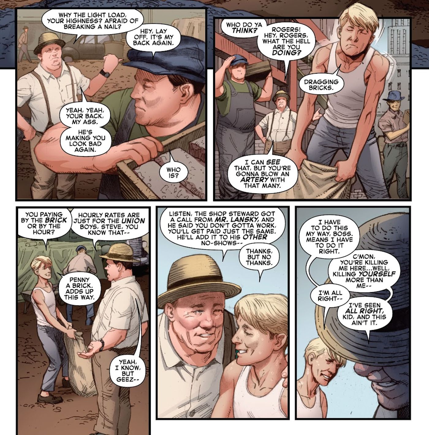 A skinny, pre-serum Steve Rogers works to drag heavy bags of bricks in Captain America #4. 