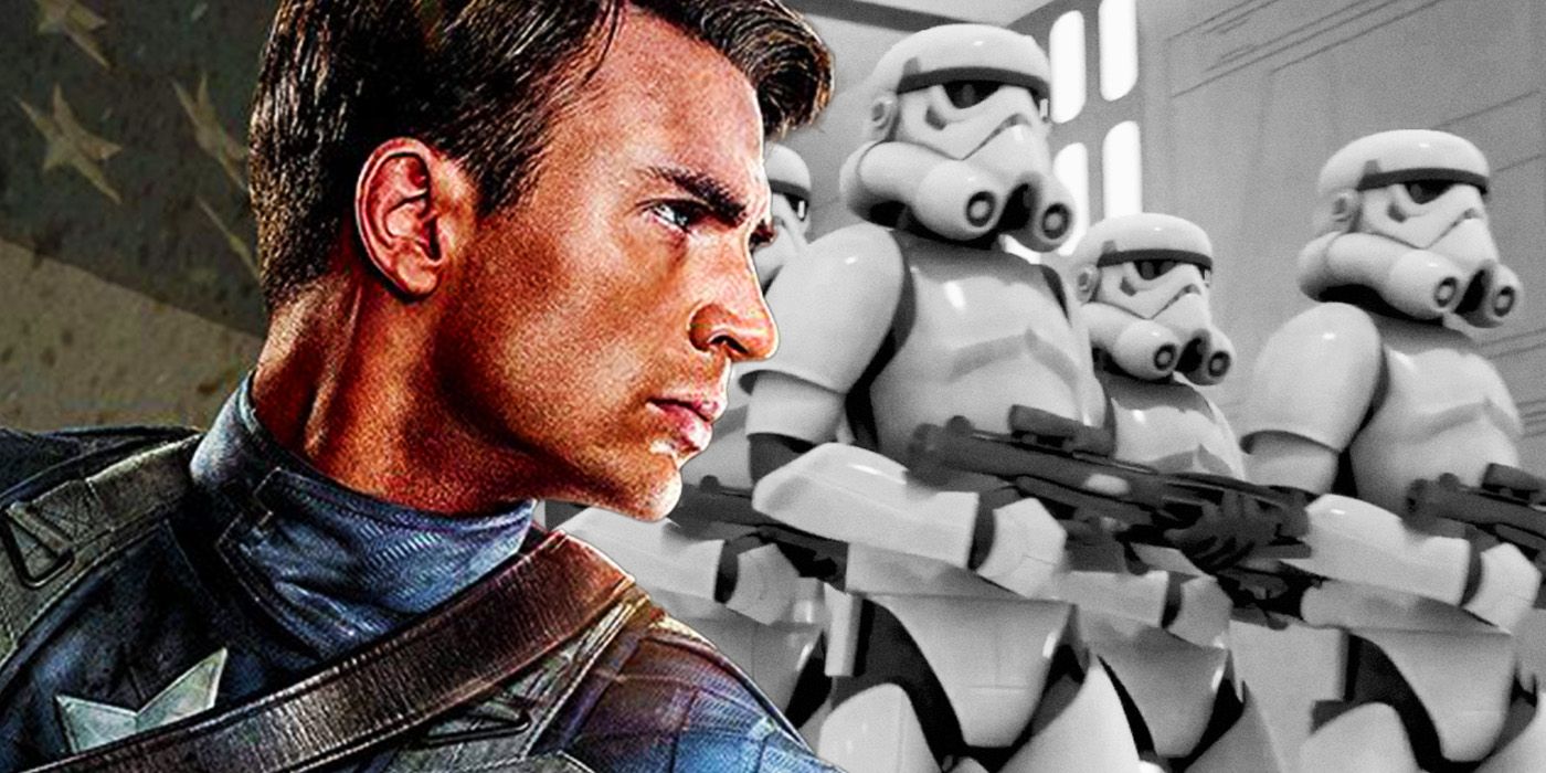 Steve Rogers in Captain America The First Avenger poster with Star Wars' Stormtroopers