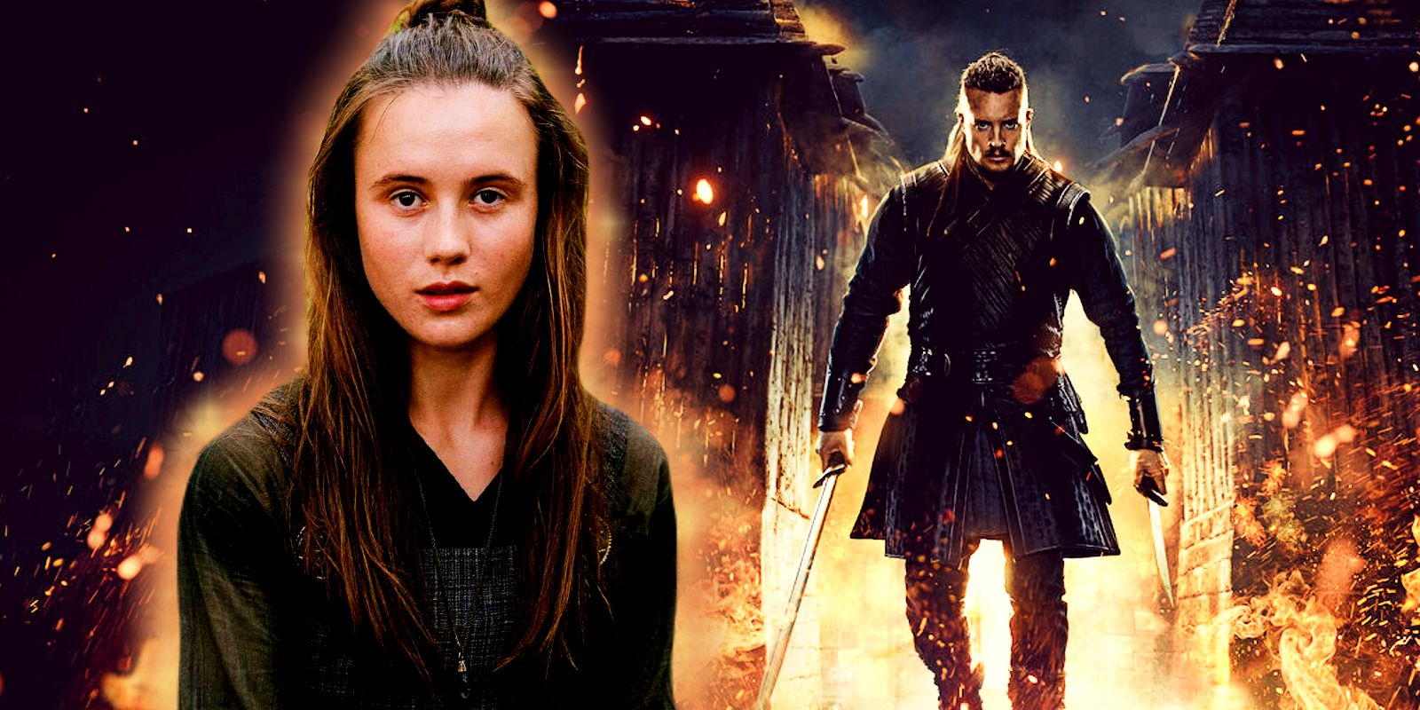 This collage shows the poster for The Last Kingdom with Stiorra with fire behind her. 