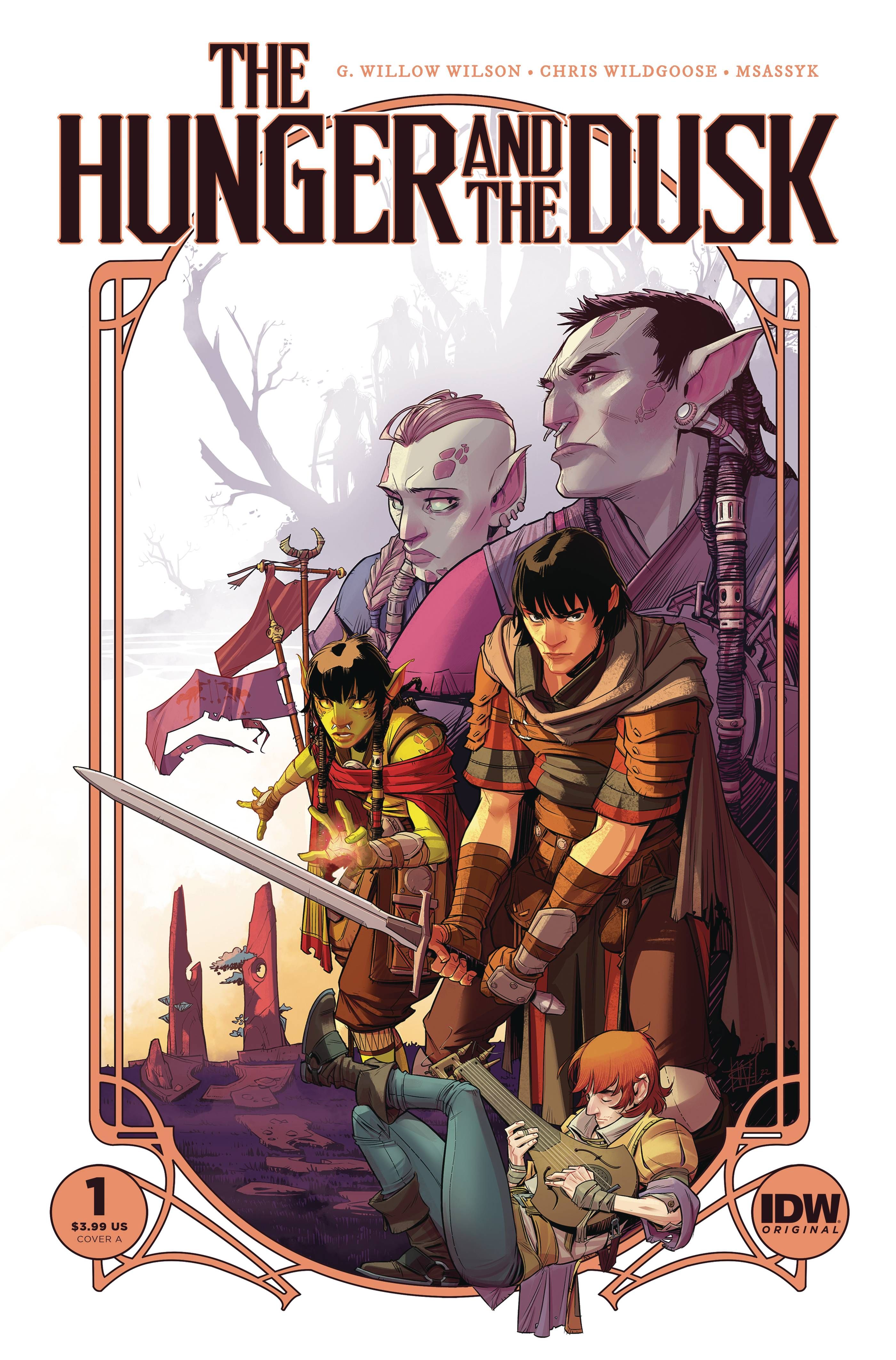 Hunger and the Dusk 1 Main Cover: a movie poster-like image featuring high fantasy characters, including orcs and humans with swords, etc.