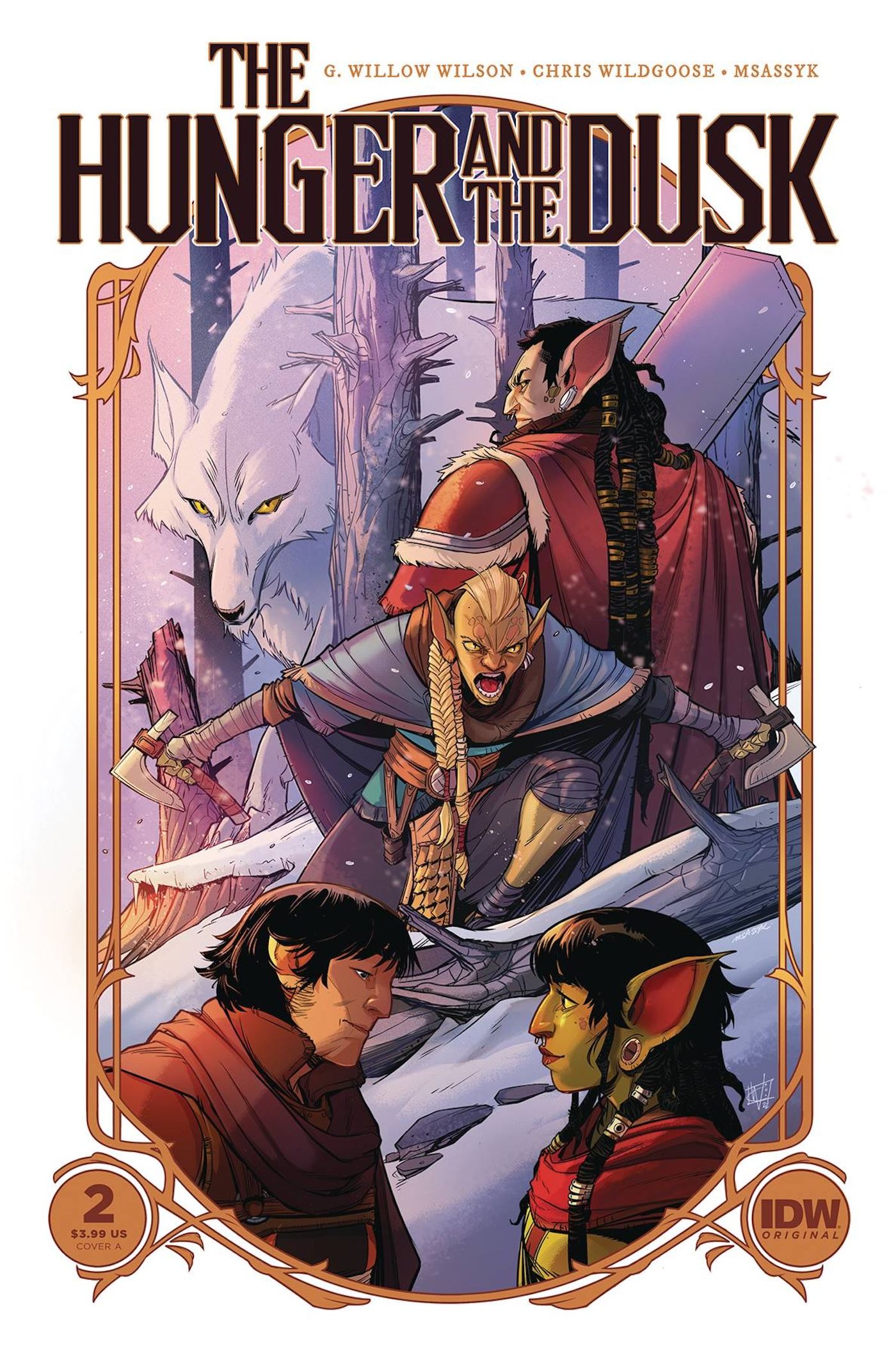 Hunger and the Dusk 2 Main Cover: A movie poster-like image featuring fantasy characters, including humans and orcs, in the snow.