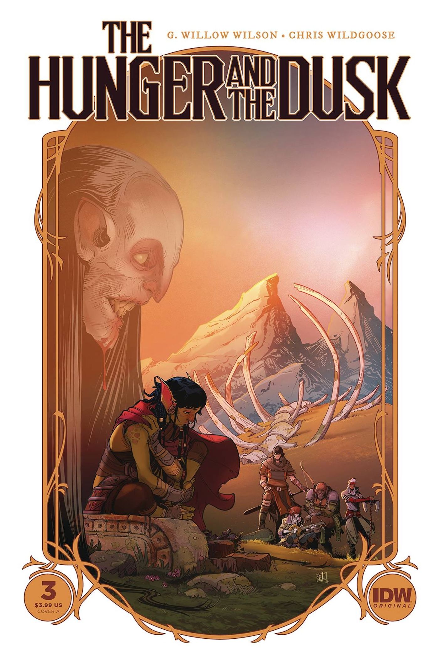 Hunger and the Dusk 3 Main Cover: An orc woman sits in the foreground as a band of people approach her.