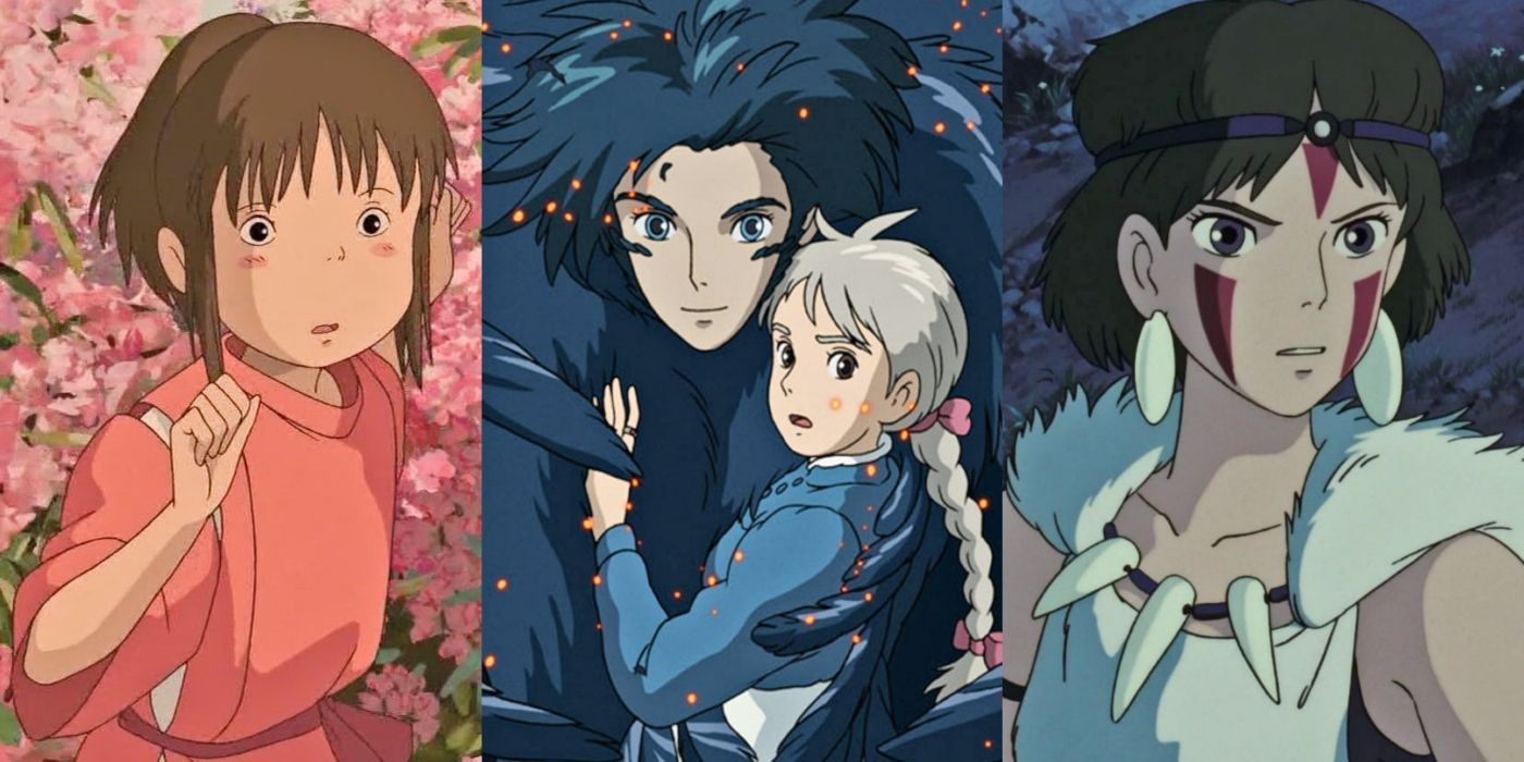 Uma garota em um campo de flores, uma mulher com um homem mutante e uma mulher que parece preocupada estão separadas por três quadros.