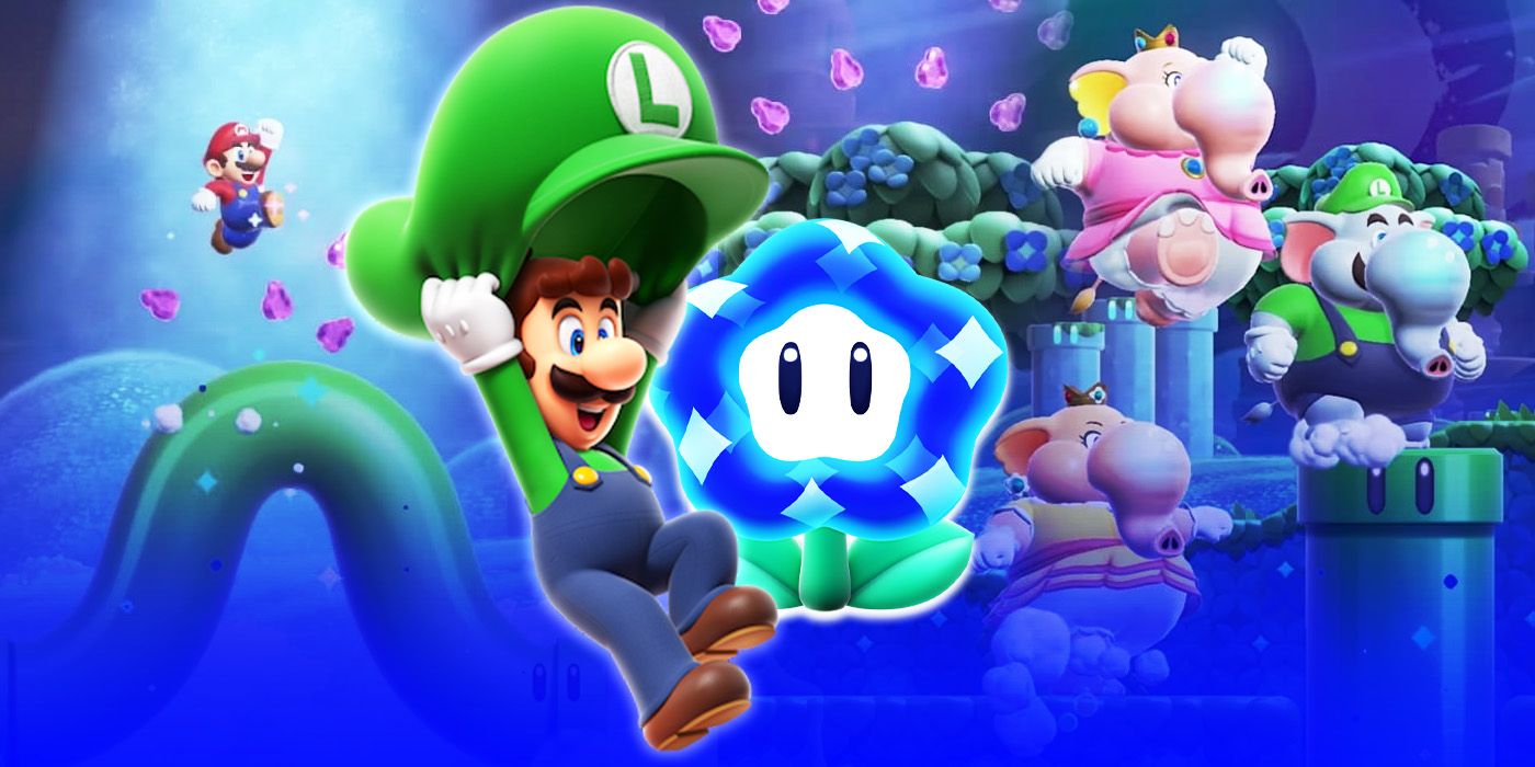 Super Mario Bros Wonder Luigi with a parachute cap and a Wonder Flower with elephant characters in the background