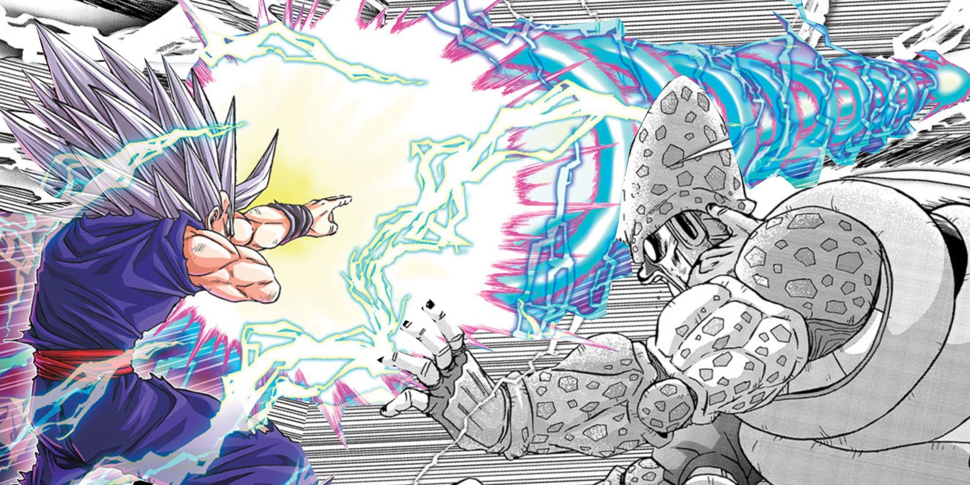 Image shows Dragon Ball Super manga versions of Beast Gohan in full color using Special beam cannon against a black and white Cell Max.