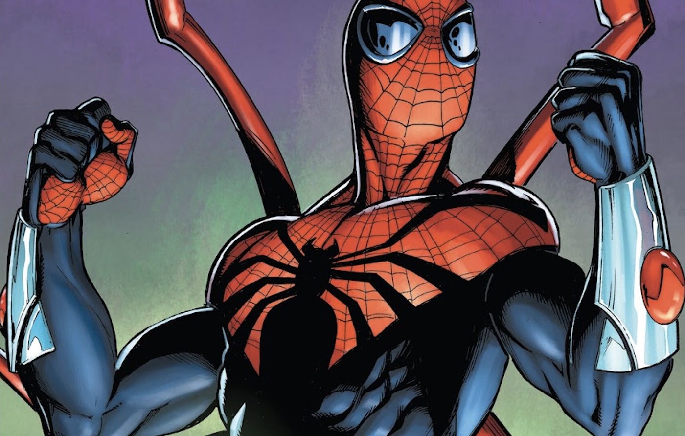 Otto Octavius ​​​​como Homem-Aranha Superior, em um traje de Aranha modificado com membros extras anexados.