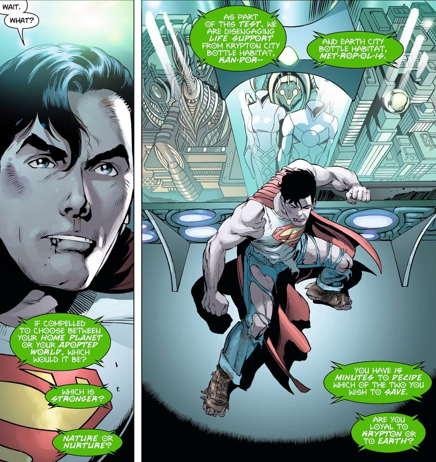 Comic book panels: a young Superman on an alien ship.