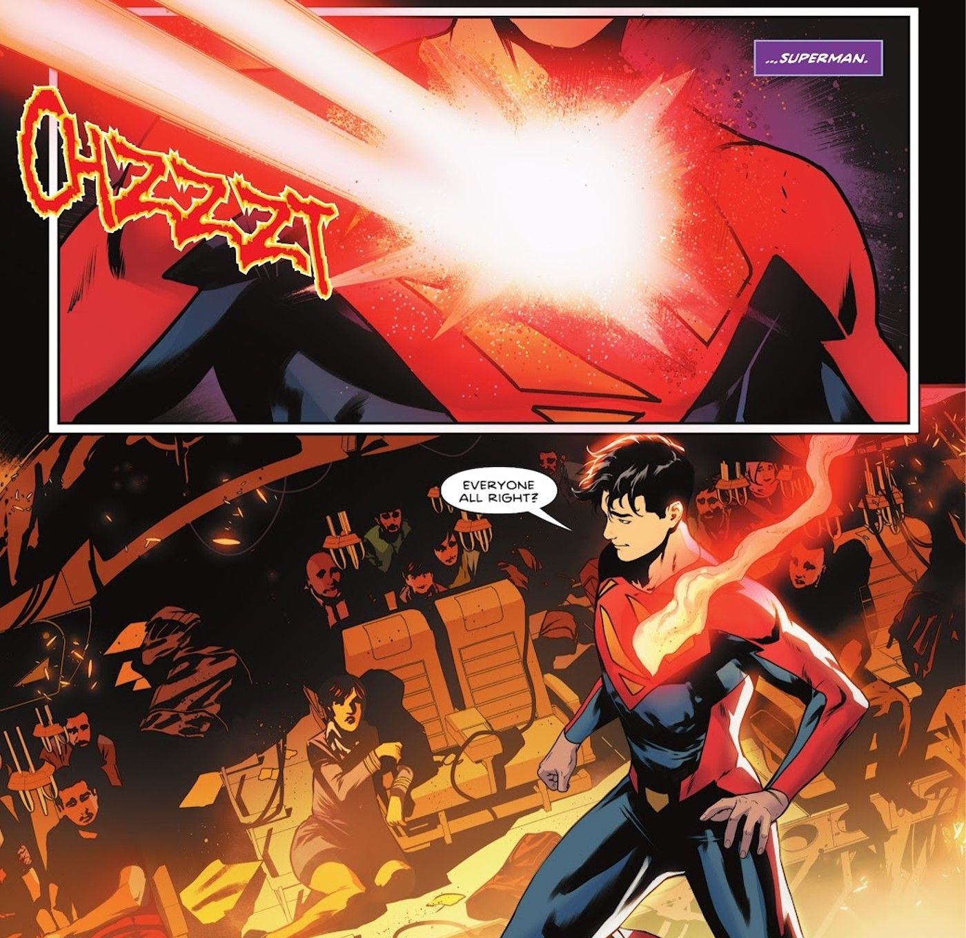 Comic book panels: Superman Jon Kent saves a plane after being blasted by heat vision.