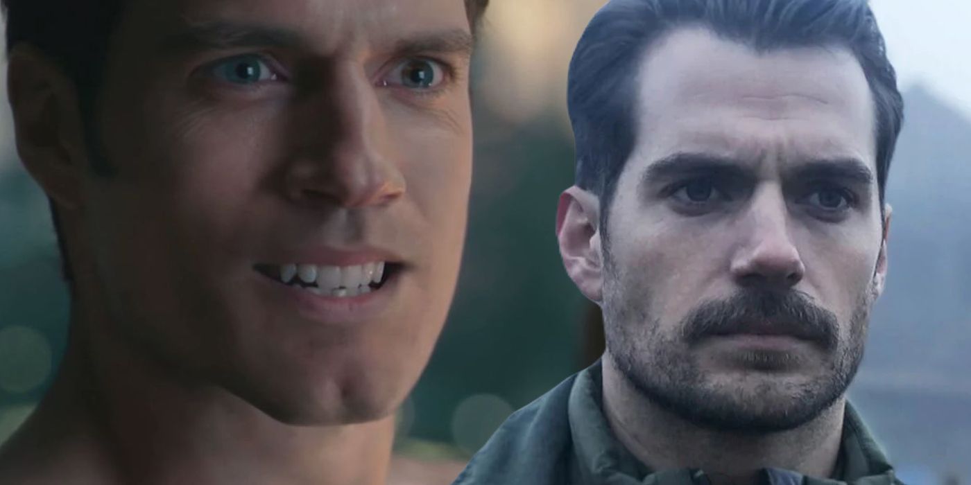 Henry Cavill as Superman in 2017's Justice League with a CGI lip and the actor in Mission: Impossible - Fallout