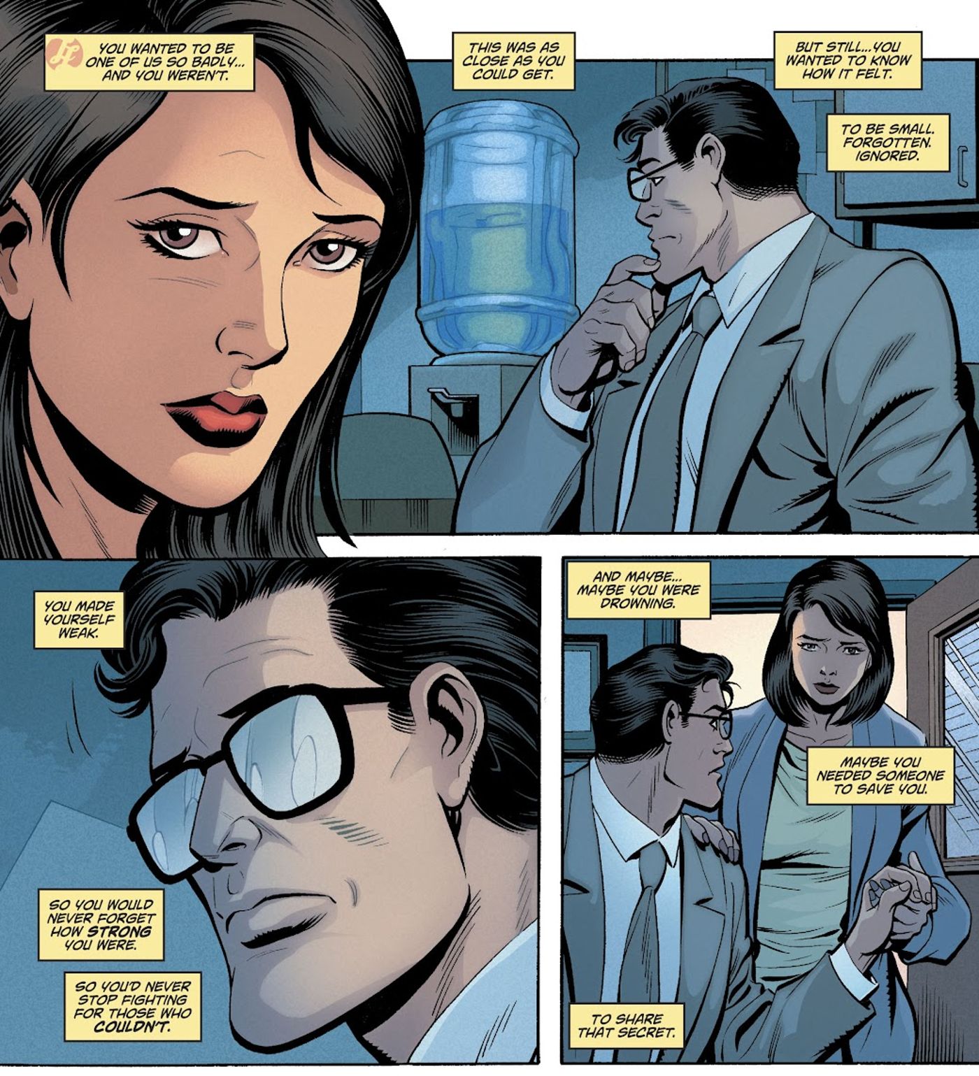Mysteries of Love in Space #1, panels with Lois Lane and Clark Kent as Lois ponders Superman’s loneliness.