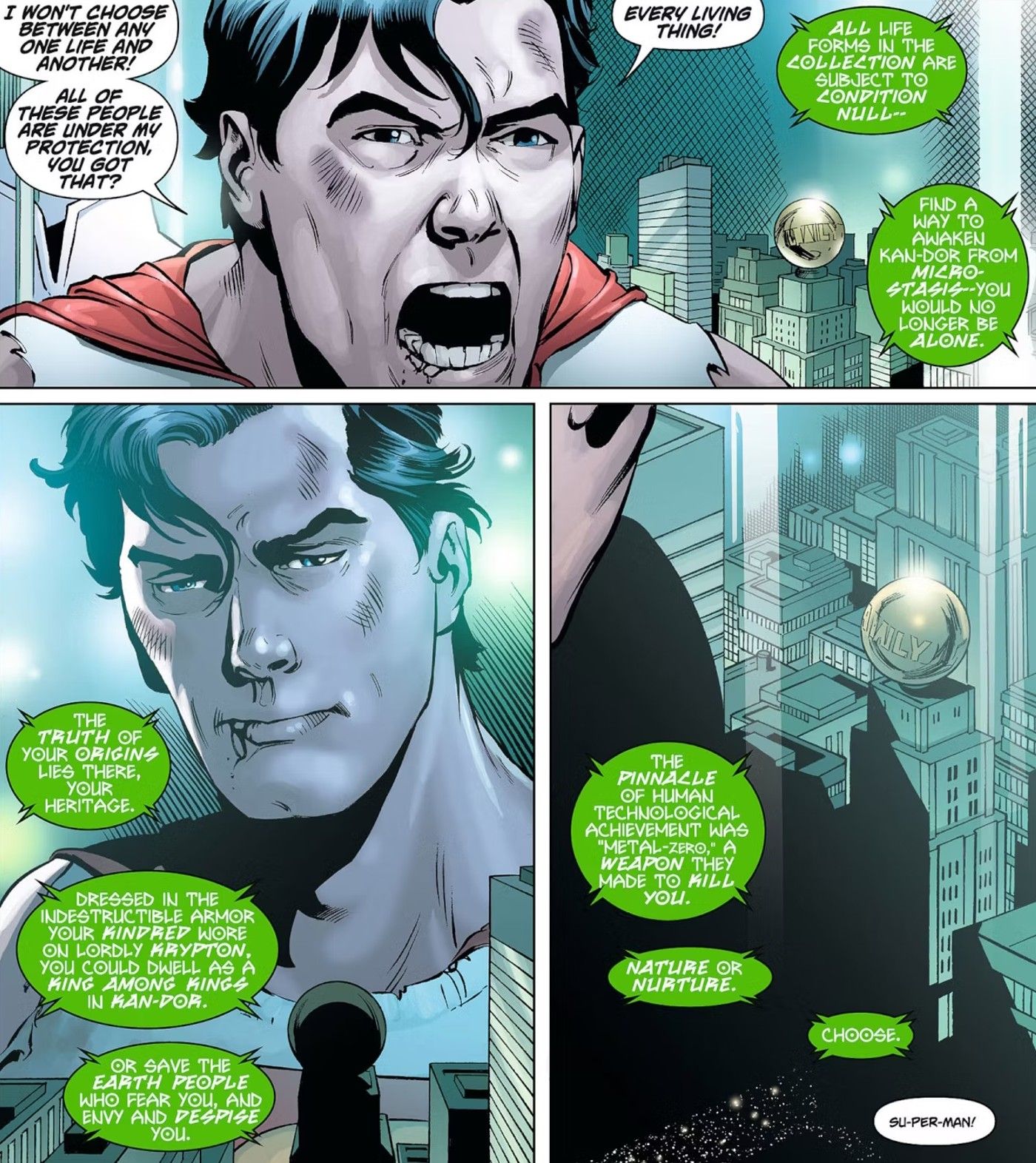 Comic book panels: Superman is being forced to choose between saving Metropolis and saving Kandor.