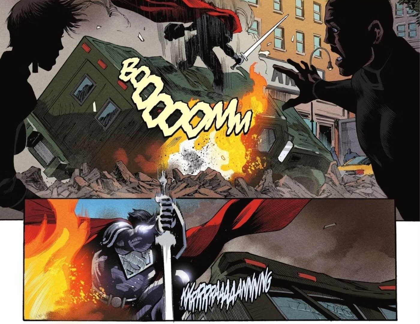 Comic book panels: Siperman descends in a silver suit of armor and a sword.