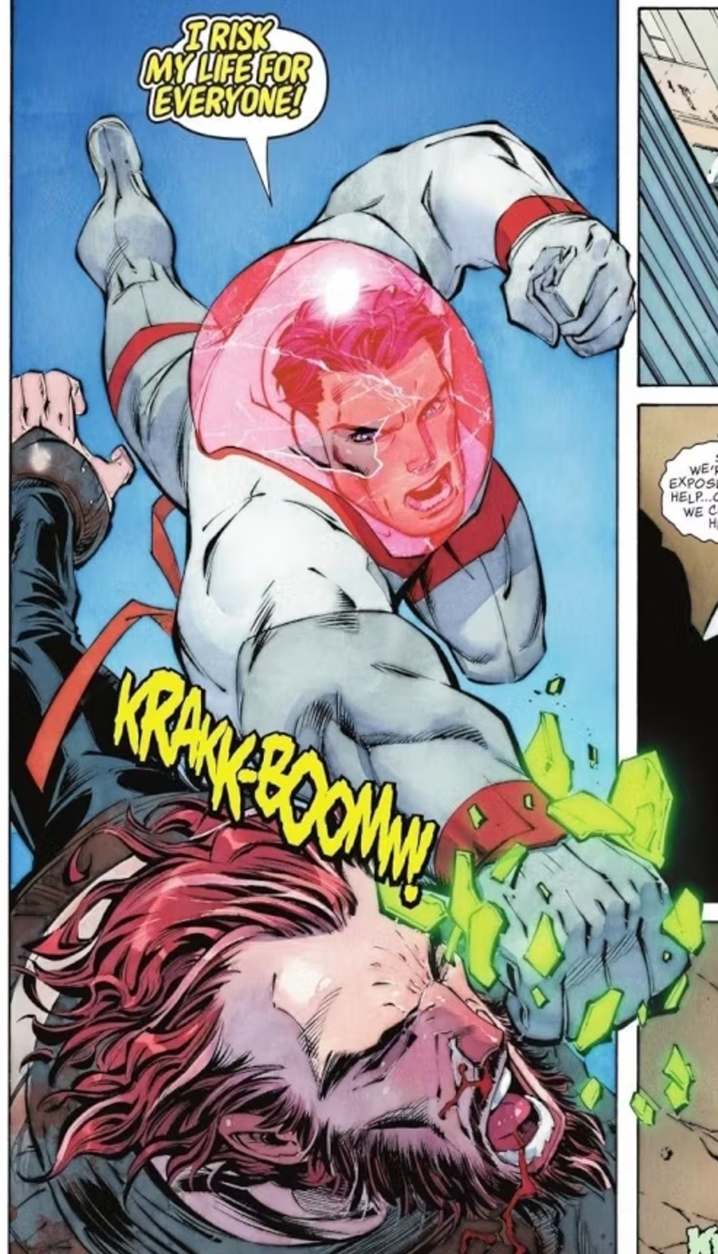 Comic book panel: Superman in a white spacesuit punches a white man with green Kryptonite gauntlets.