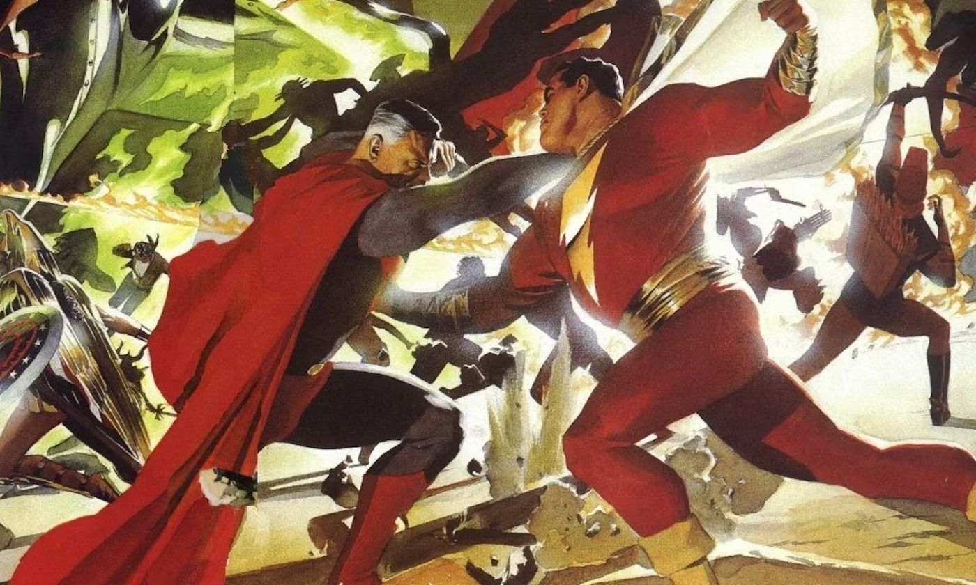 Comic book art: Superman battles Shazam in Kingdom Come.