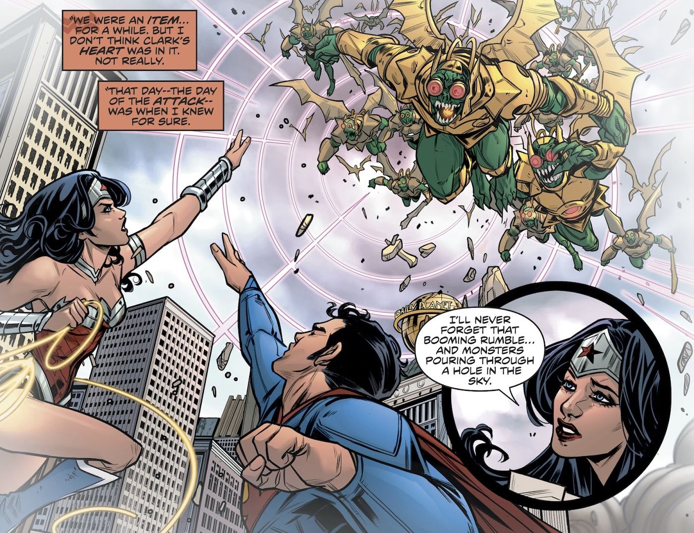 Superman and Wonder Woman face a Parademon attack