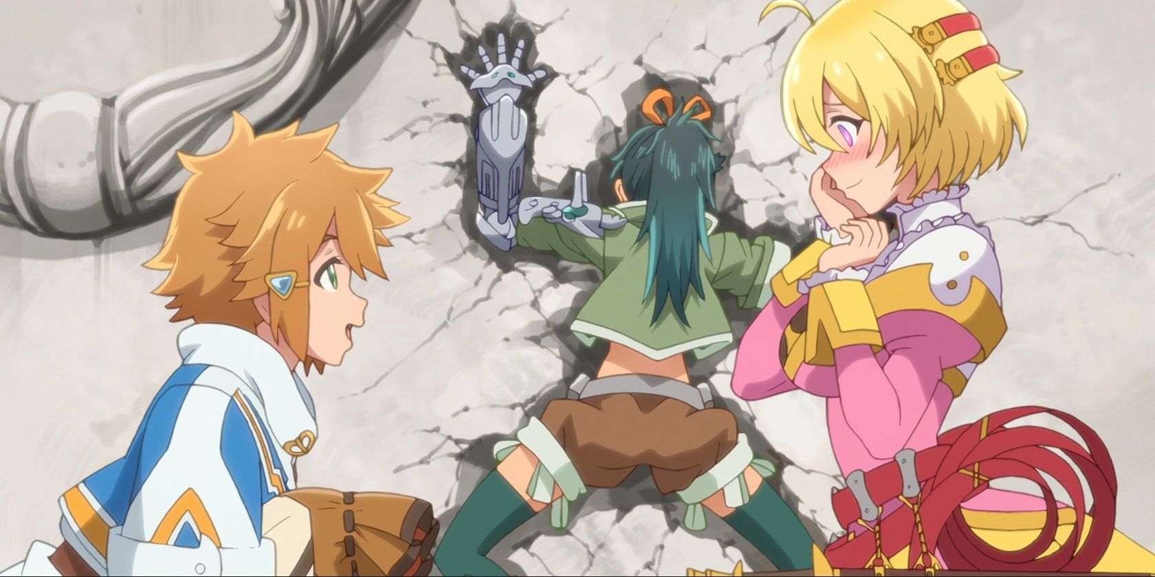 Lloyd Belladonna and Selen Hemein talking while Riho Flavin is slammed into a wall behind them in Suppose a Kid from the Last Dungeon Boonies Moved to a Starter Town?