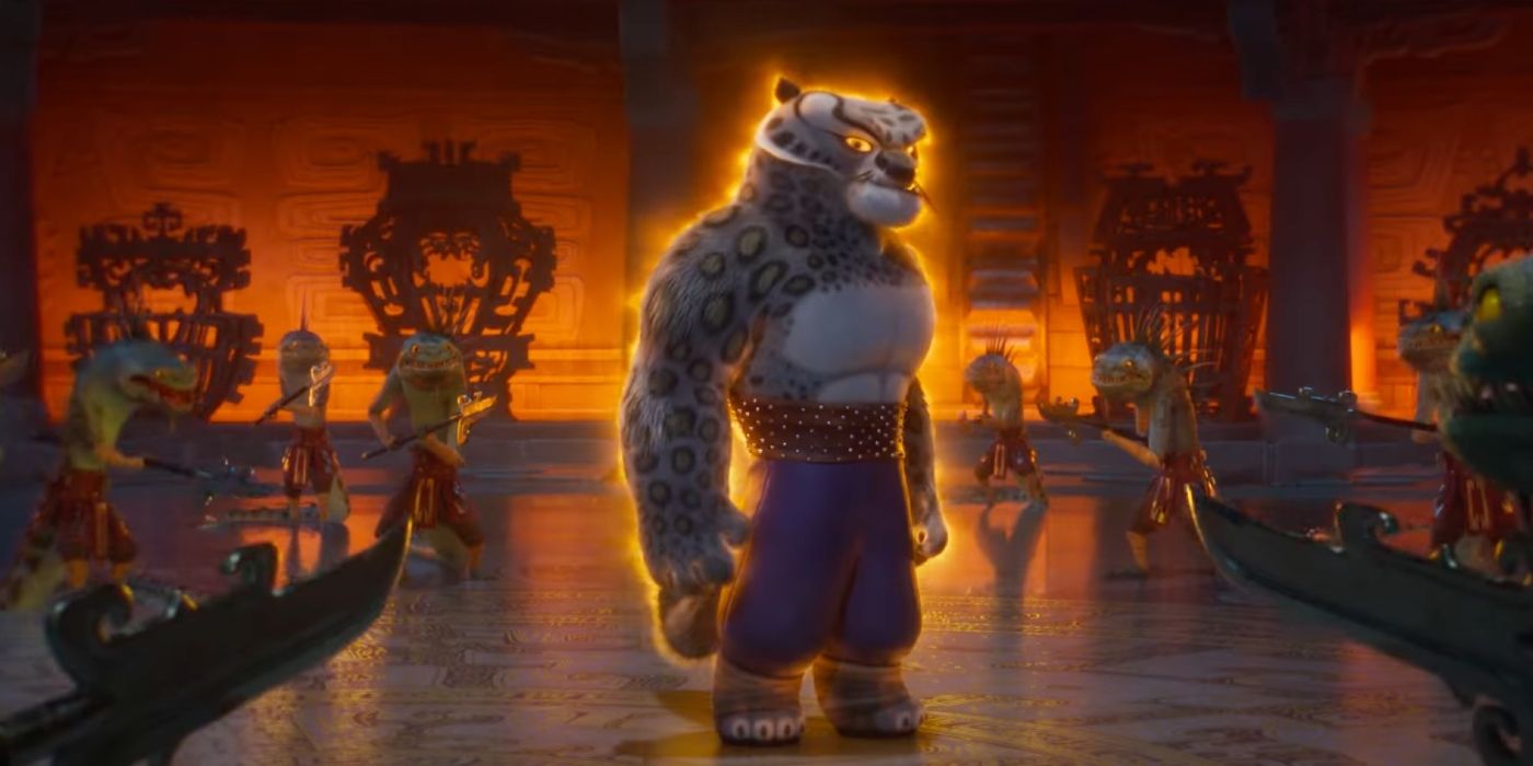 Tai Lung cercado por um brilho laranja e inimigos em Kung Fu Panda 4.