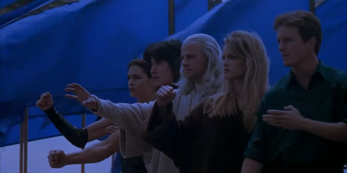 Taliso Soto, Robin Shou, Christopher Lambert, Bridgette Wilson e Linden Ashby em Mortal Kombat (1995).