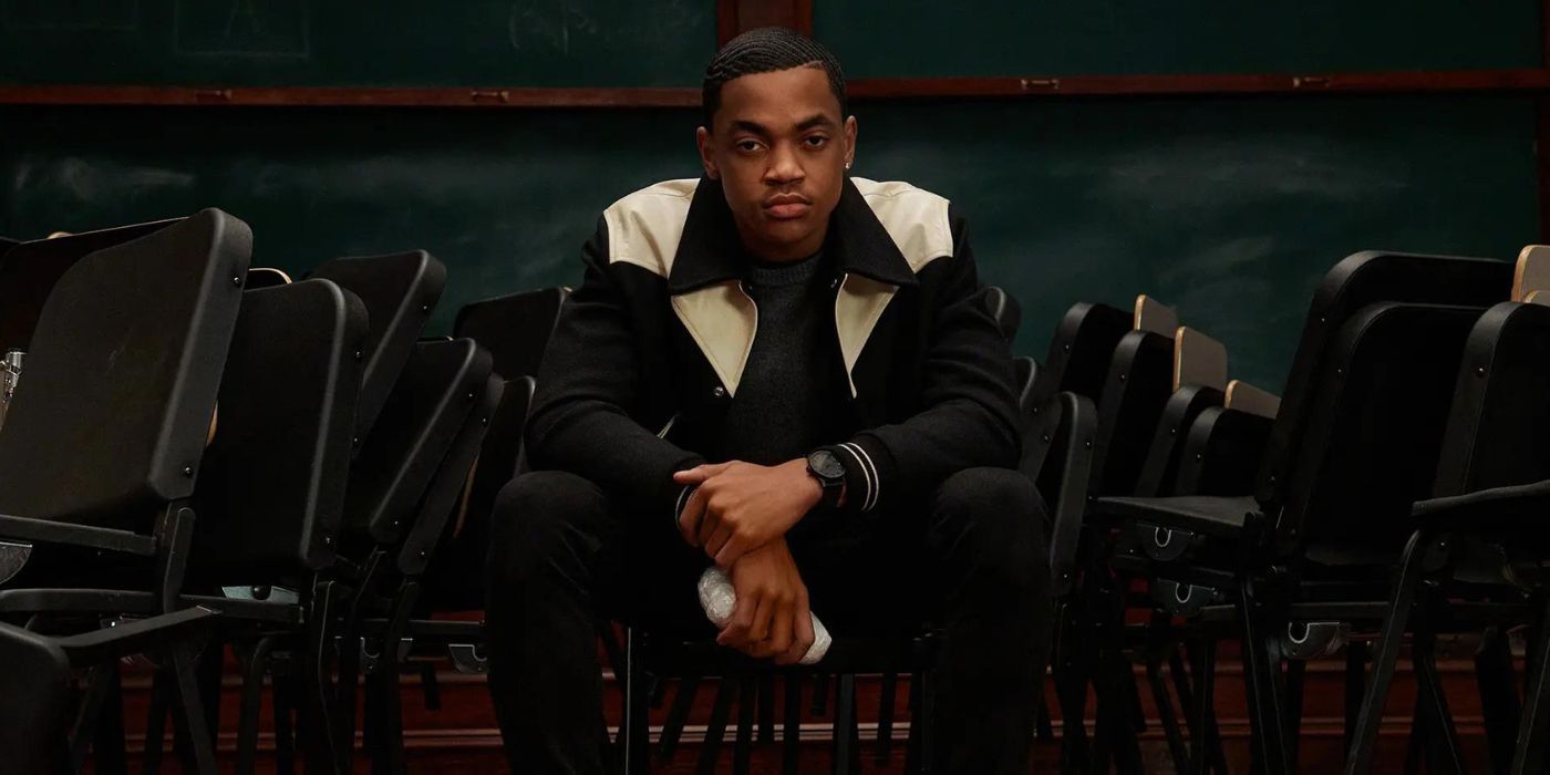 Tariq sits in a classroom and looks into the camera in Power franchise