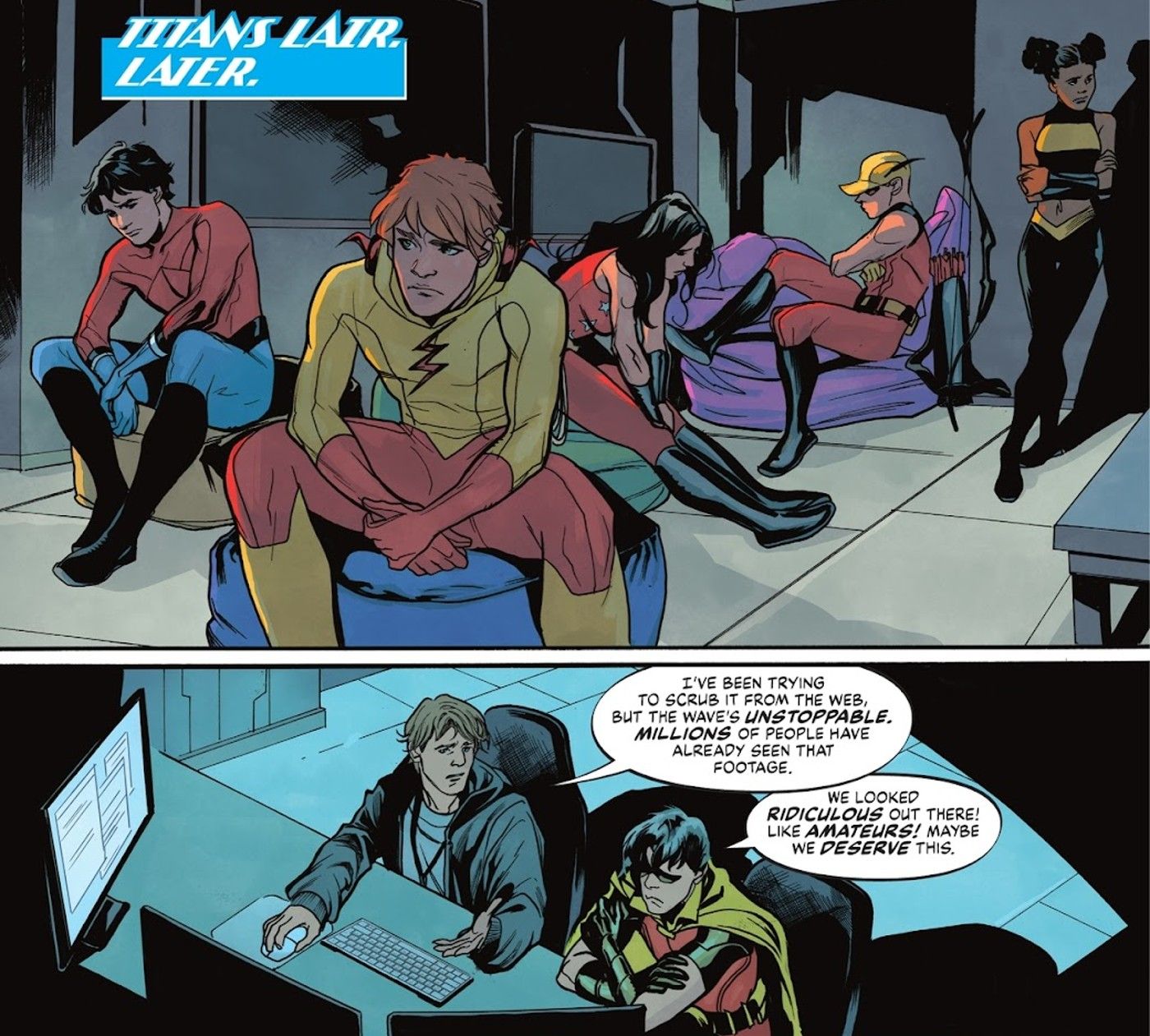 Comic book panels: young costumed superheroes mope in a basement.