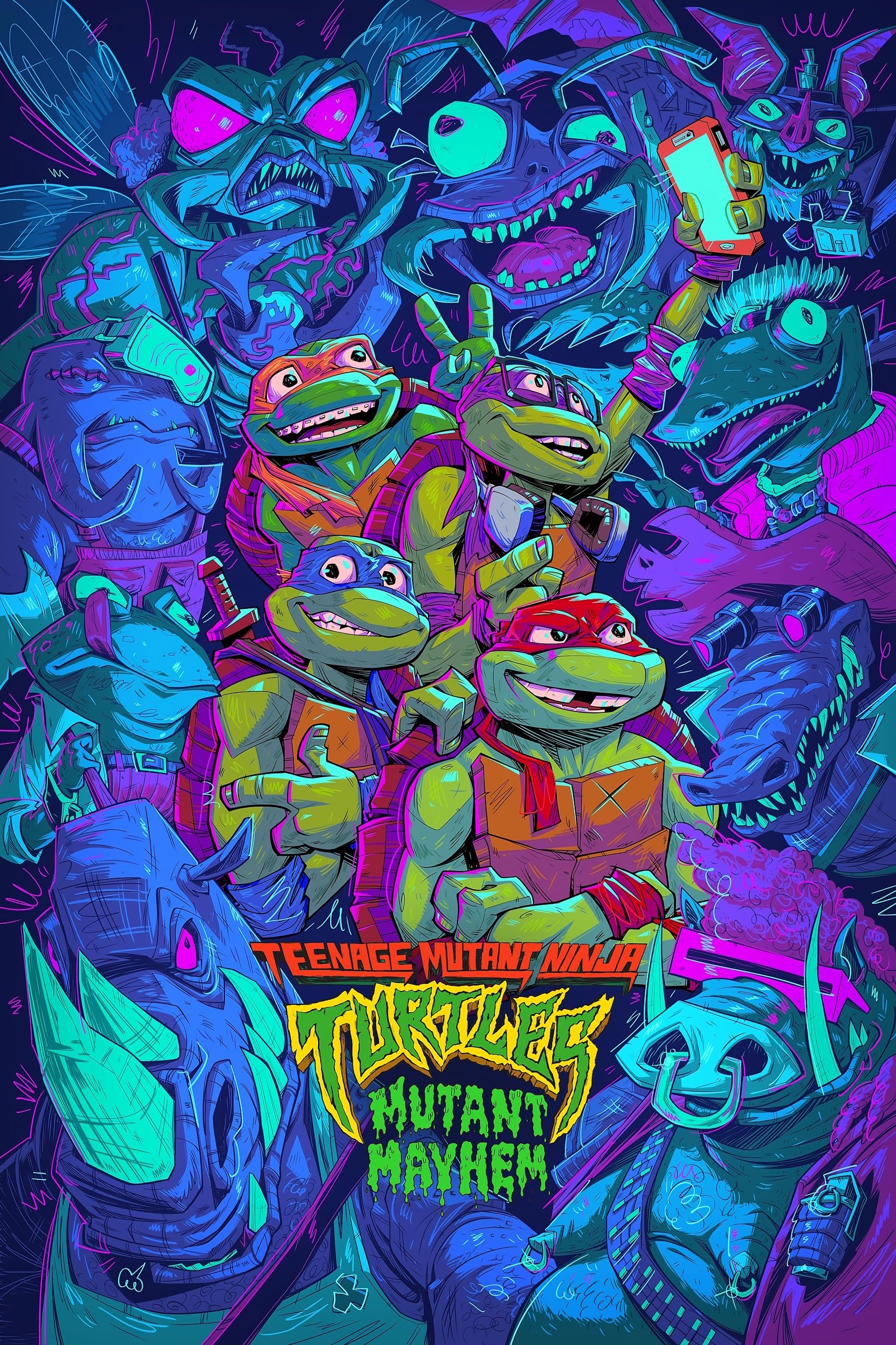 Teenage Mutant Ninja Turtles- Mutant Mayhem Poster Featuring Michelangelo, Leonardo, Raphael, and Donatello Surrounded by Neon Mutant Creatures