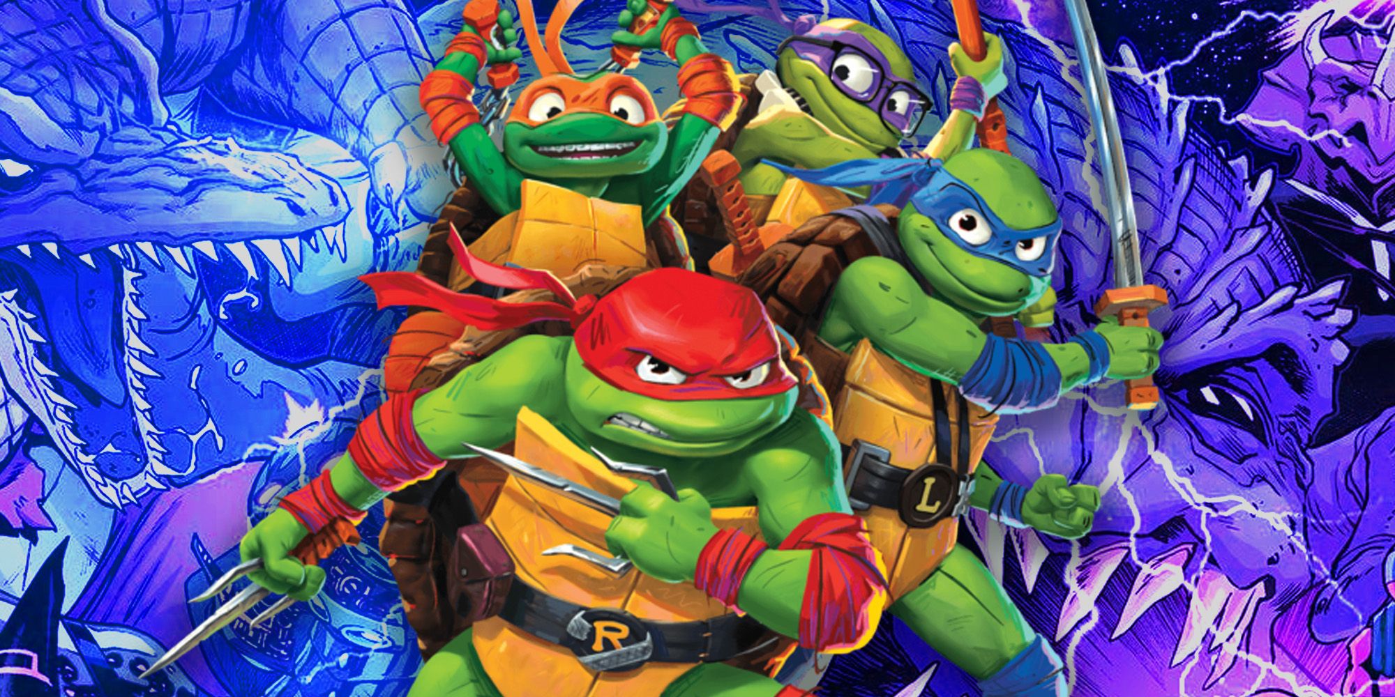 Teenage Mutant Ninja Turtles: Mutant Mayhem Leonardo, Raphael, Donatello, and Michelangelo surrounded by villains