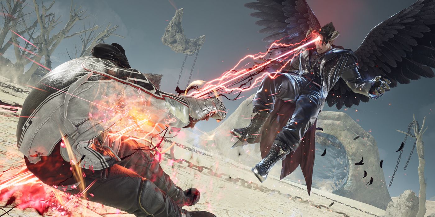 Screenshot of Tekken 8 featuring Devil Kazuya blasting lasers at Jin Kazama