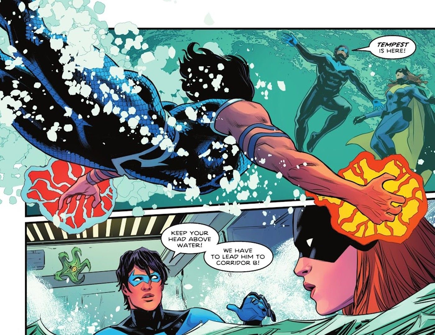 Comic book panels: Costumed superheroes in water.