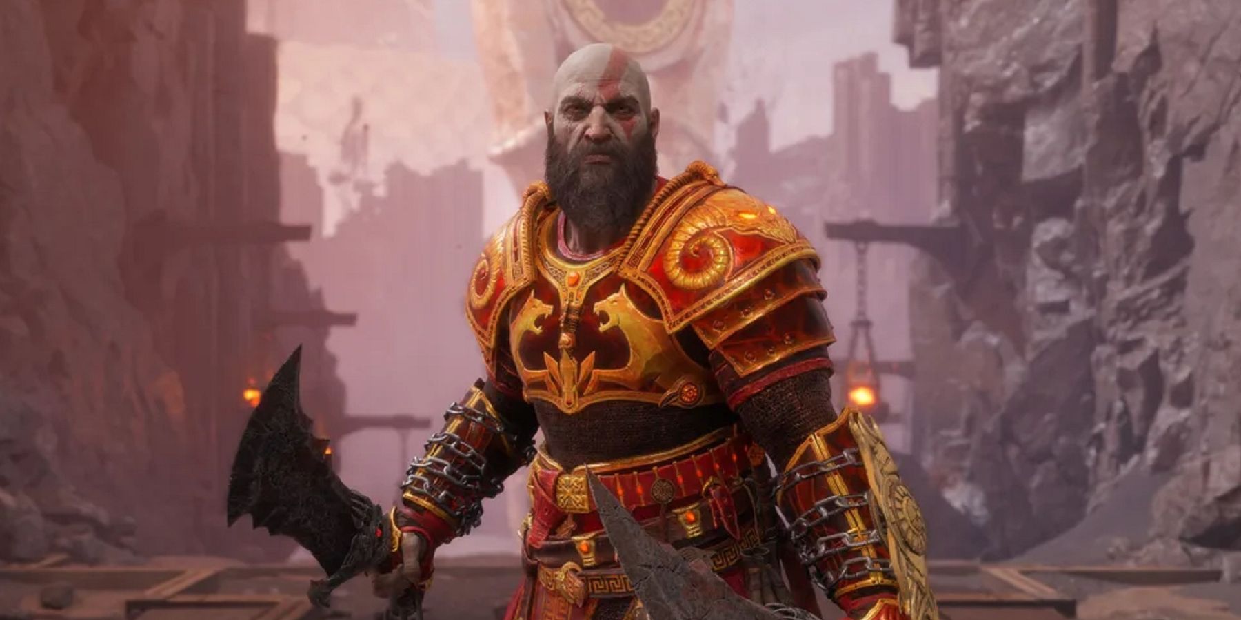 Kratos, in gold and red armor, readies his sword in a screenshot for the new God of War Ragnarok DLC.