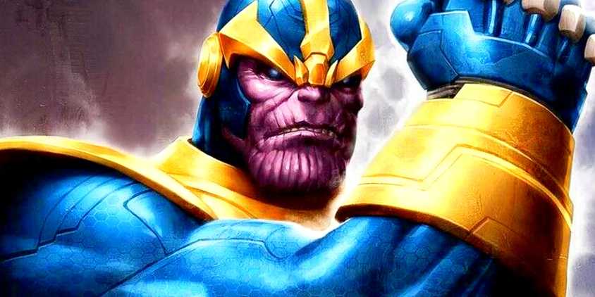 A close up of Thanos in his classic blue-and-yellow costume, raising a fist in triumph