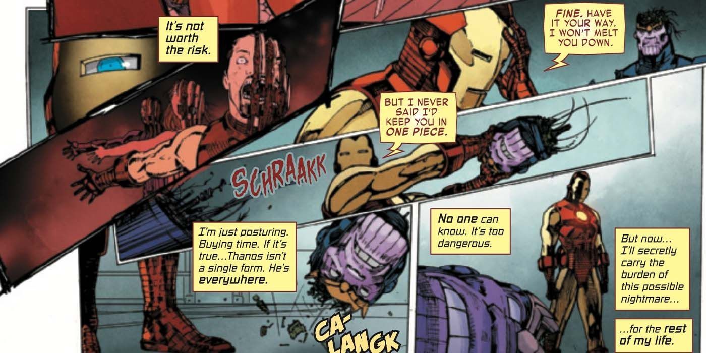 Iron Man keeping the Thanos robot safe in his lab.