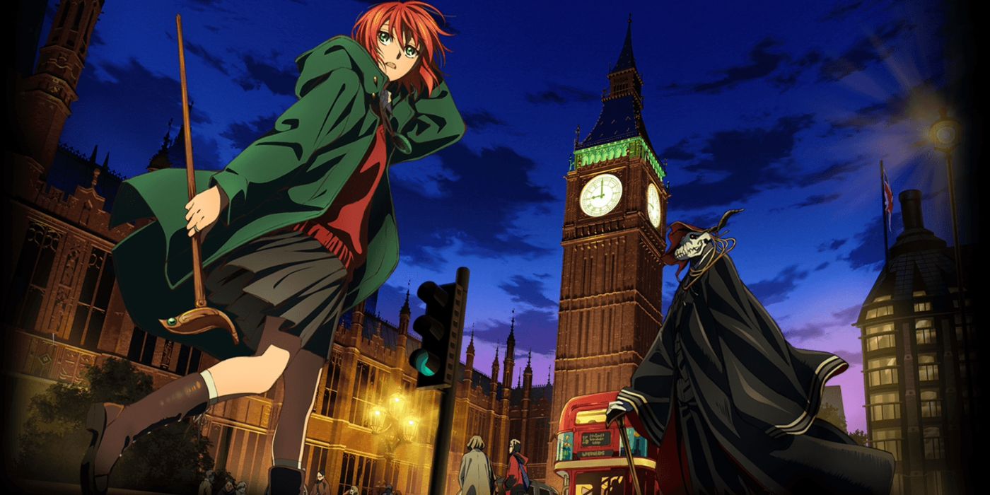 The Ancient Magus' Bride featuring Chise and Elias in front of a clock tower