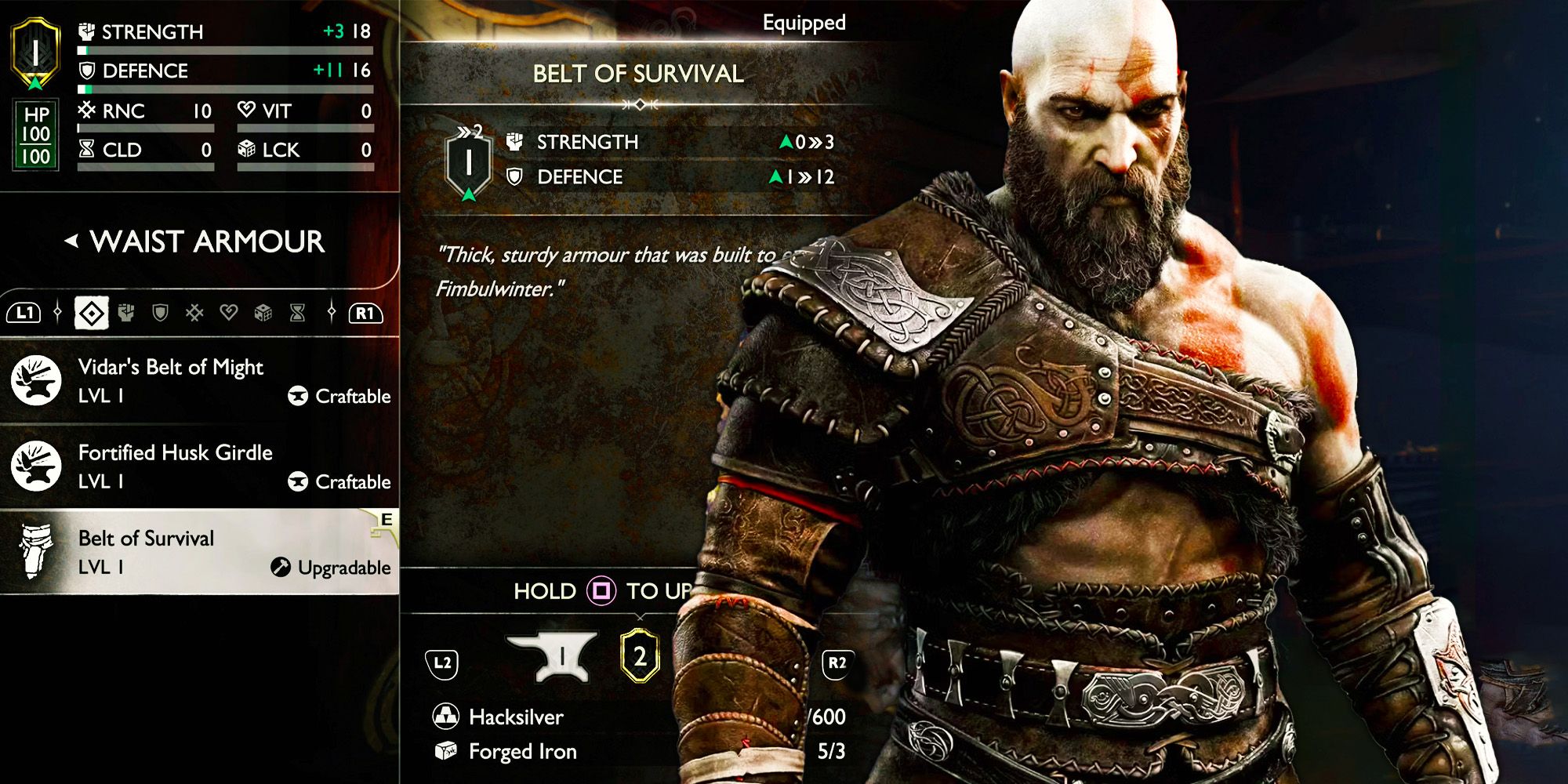 Kratos from God of War Ragnorak standing in front of an armor upgrade screen.