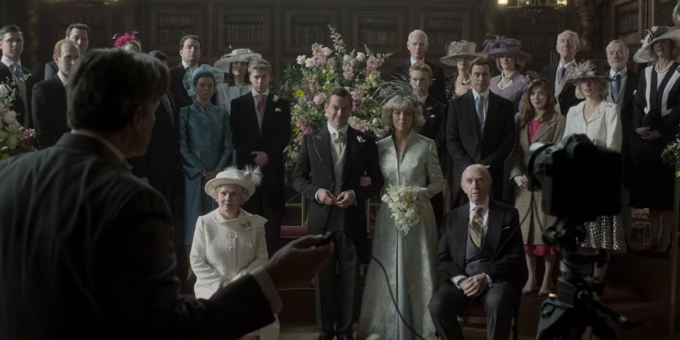 The cast of The Crown takes an official photo at the wedding of Prince Charles and Camilla in season 6 episode 10