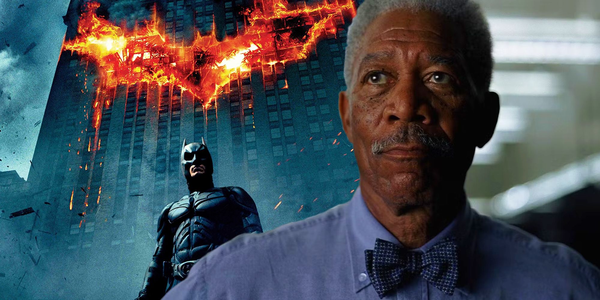 Christian Bale's Batman in the poster for The Dark Knight next to Morgan Freeman smirking as Lucius Fox 