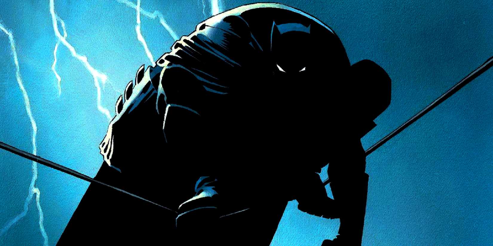 Comic book art: close up of Batman in silhouette as he perches on a wire.
