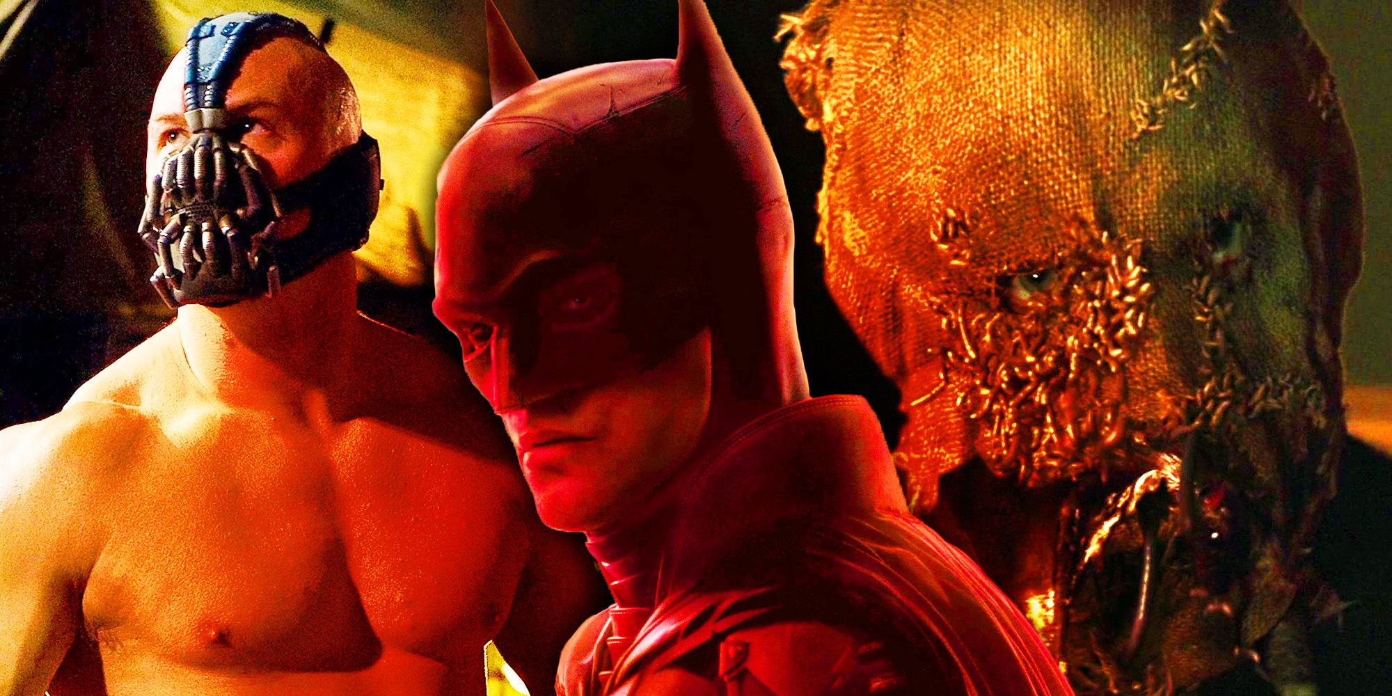 The Dark Knight Rises' Bane next to Pattinson's Batman and Batman Begins' Scarecrow