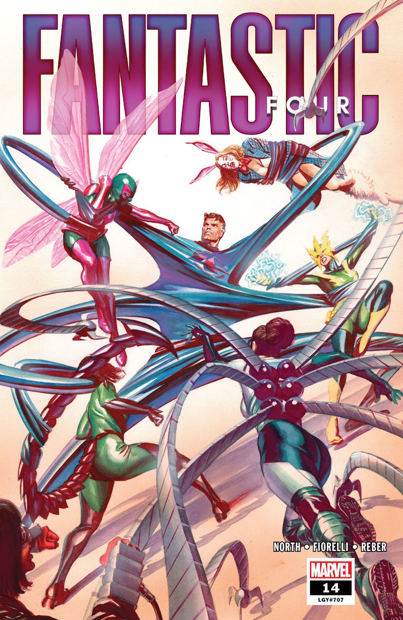 Mister Fantastic uses extra arms to fight Lady Octopus, Beetle, Trapstr, Scorpia, and Electro. 