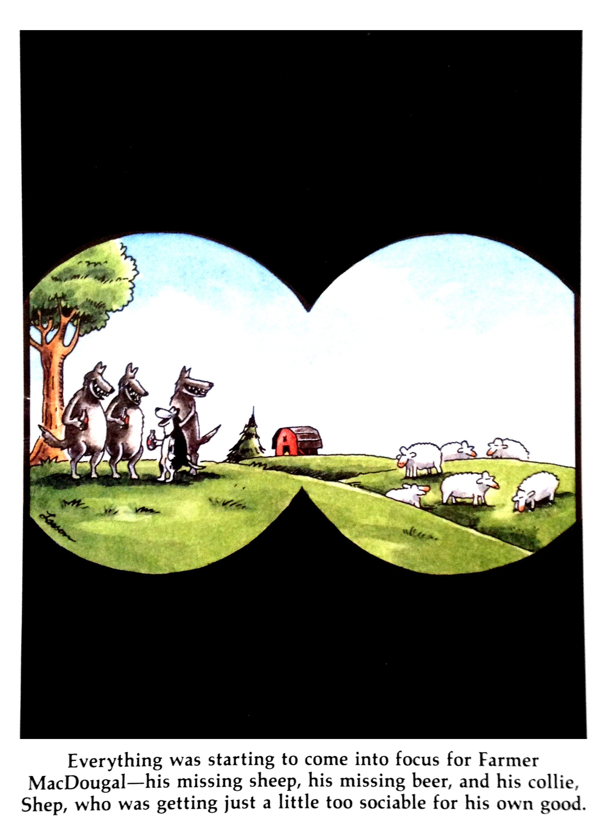 the far side comic shephard discovers his collie shep is helping wolves steal sheep