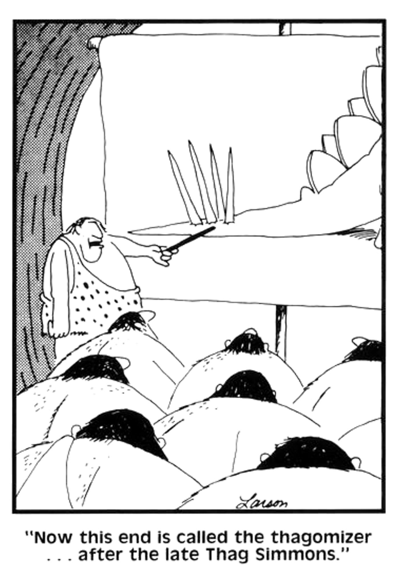the far side comic that named the stegosaurus' tail spikes the thagomizer