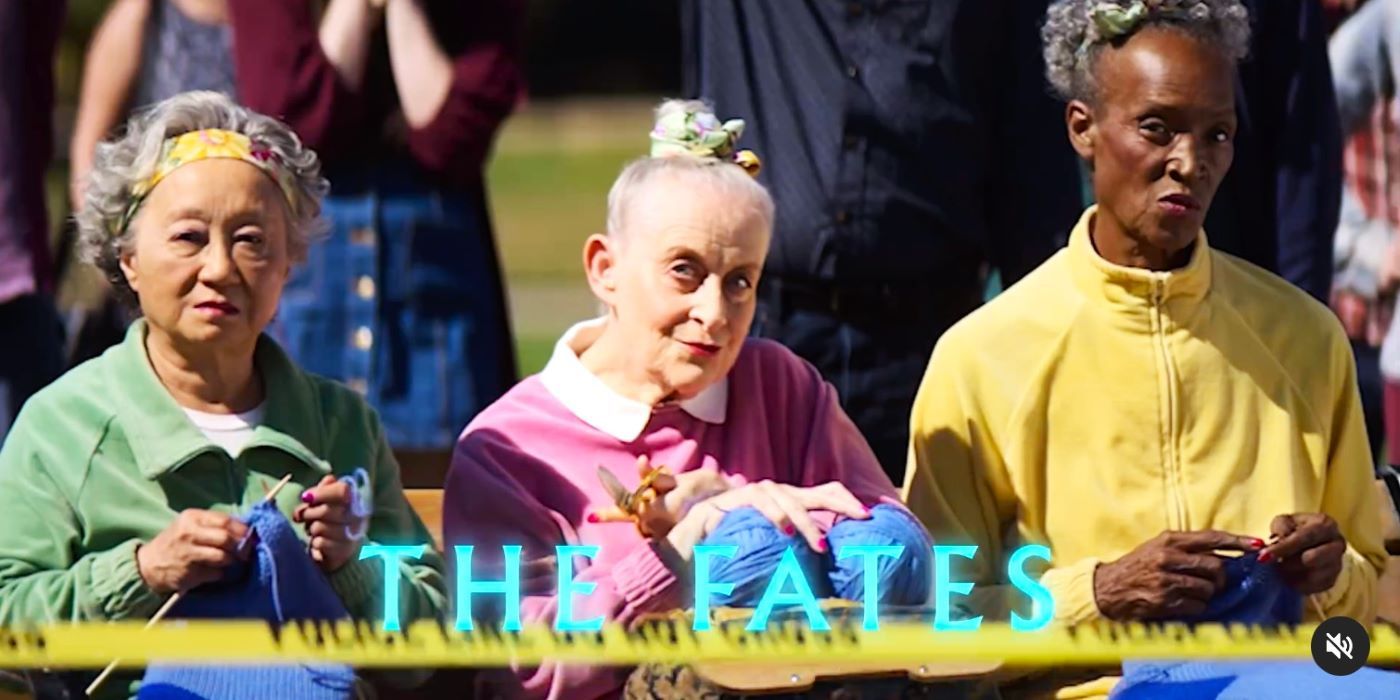 The Fates with blue yarn in Percy Jackson and the Olympians