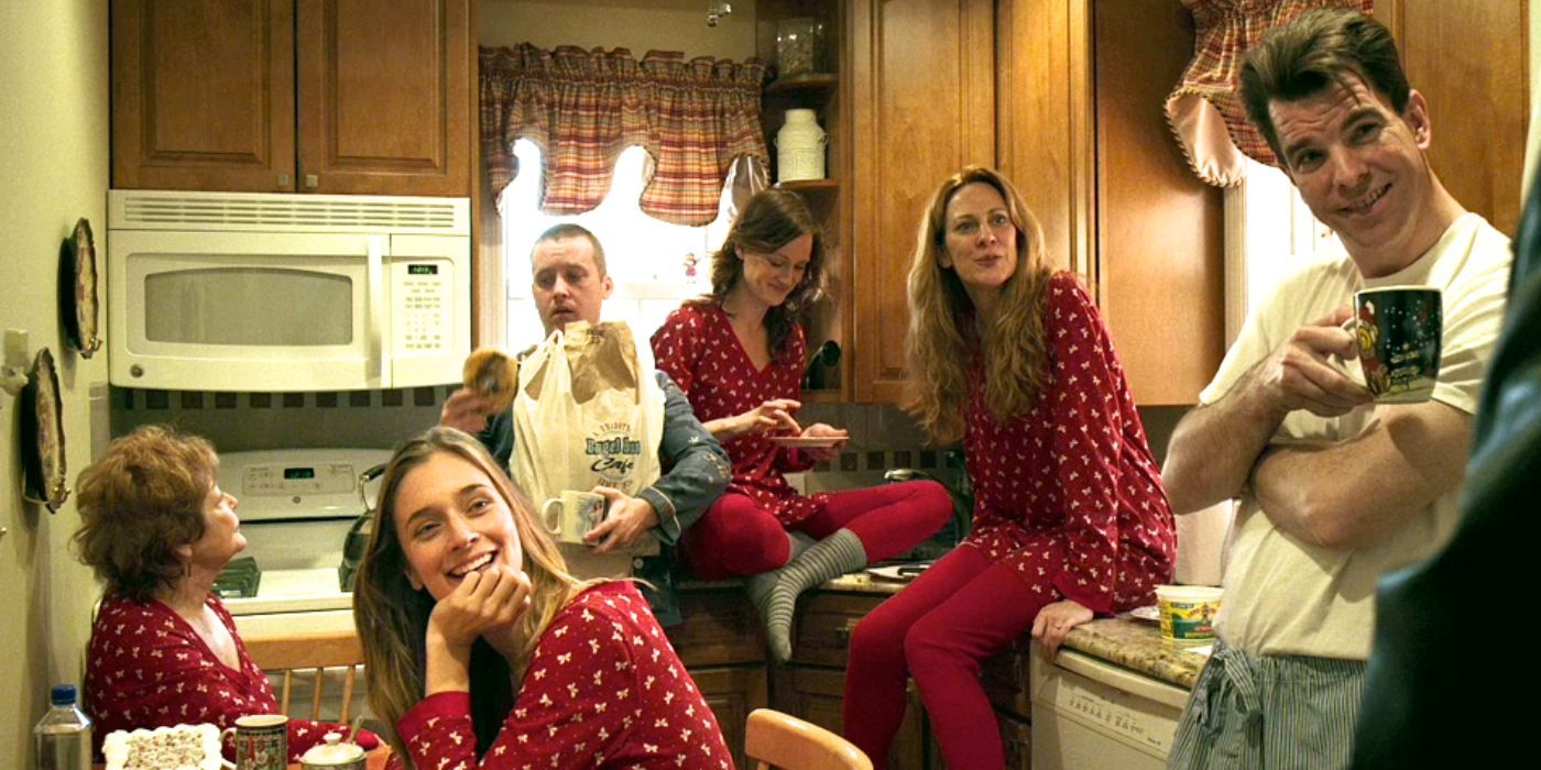 The Fitzgerald family in the kitchen in matching pajamas