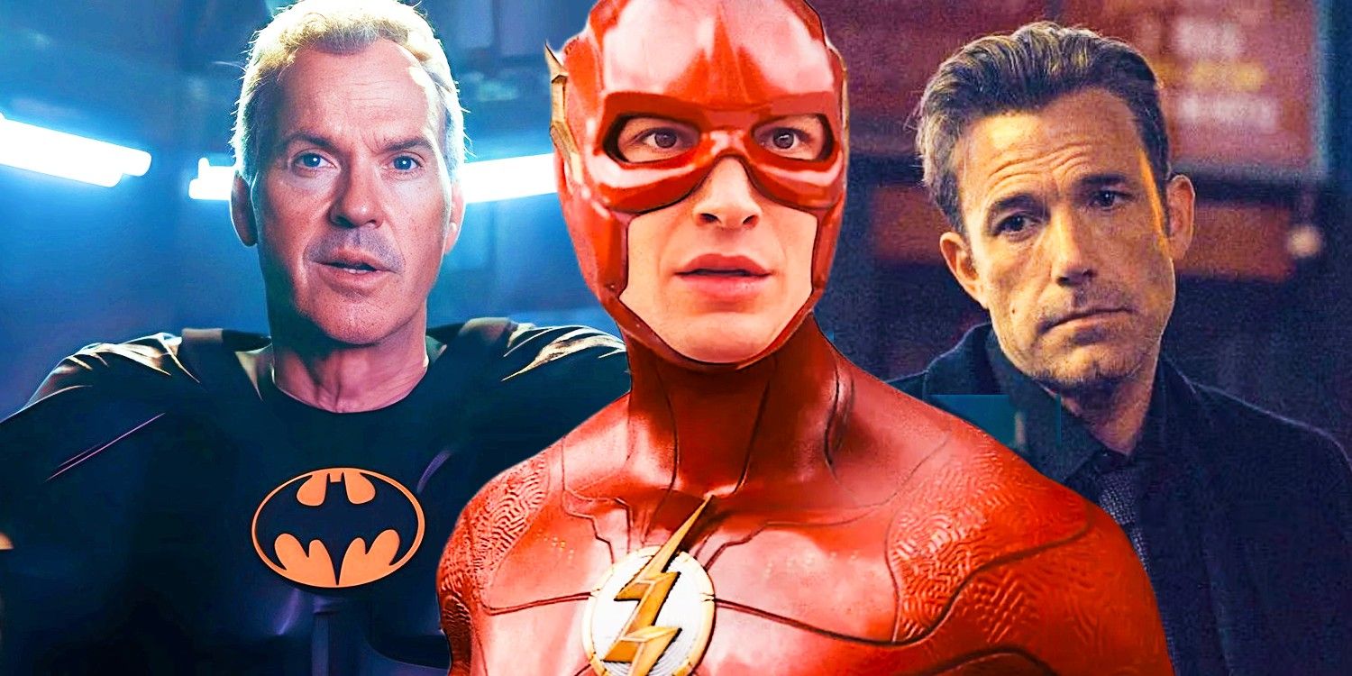 Batman (Michael Keaton), The Flash (Ezra Miller), and Batman (Ben Affleck) in The Flash