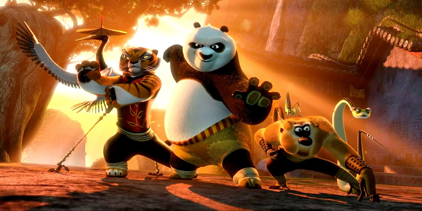 The Furious Five made up of Angelina Jolie as Tigress, Jackie Chan as Monkey, David Cross as Crane, Seth Rogen as Mantis, and Lucy Liu as Viper, pose with Jack Black as Po in Kung Fu Panda 2
