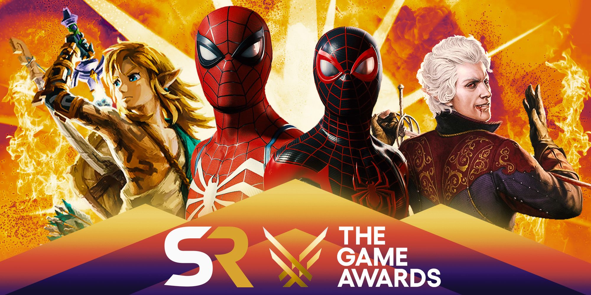 A colorful edit with Link from Zelda: Tears of the Kingdom to the left, both Peter Parker and Miles Morales from Marvel's Spider-Man 2 in the center, and Astarion from Baldur's Gate 3 to the right. At the bottom are the Screen Rant and The Game Awards logos.